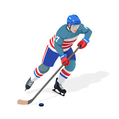 Ice Hockey Player in Action – Skating with Stick and Puck | Vector Sportsman Illustration in Blue Jersey & Helmet | Winter Sports Athlete Art