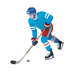Ice Hockey Player in Action – Skating with Stick and Puck | Vector Sportsman Illustration in Blue Jersey & Helmet | Winter Sports Athlete Art
