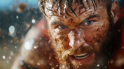 A close-up of a determined athlete covered in mud, illustrating the grit and determination required to overcome challenges during a strenuous outdoor competition.