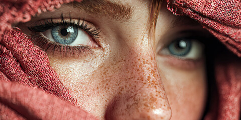 Mesmerizing Blue Eyes in Red Veil Close-Up