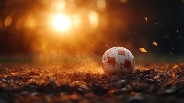 An artistic shot of a soccer ball on a leaf-covered ground during sunset, capturing the essence of sport and nature's beauty in a dramatic background of warm colors.