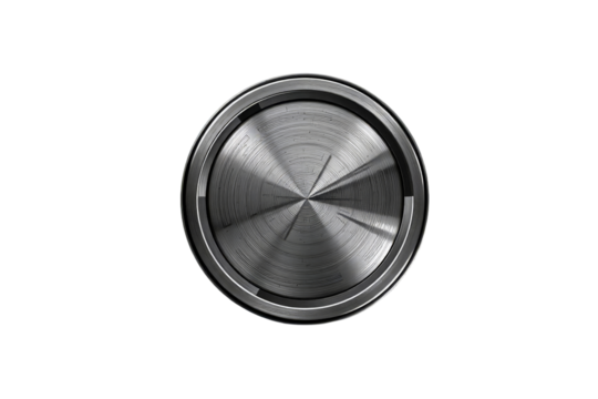 A detailed metallic button icon with a textured surface against a stark black background.