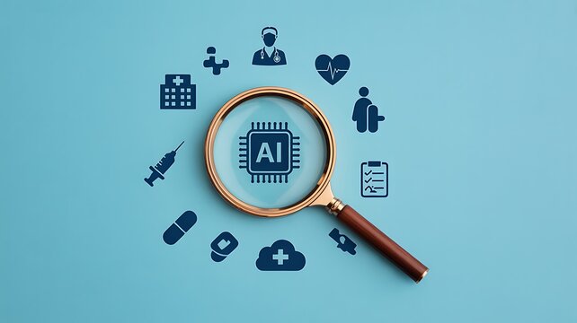 A I in Healthcare Magnifying Glass View Blue Background Medical Icons Technology Chip artificial