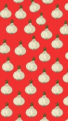 onion pattern on plain red bright background cartoon design art illustration background for card or invitation quirky vibrant retro concept