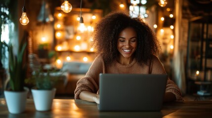 Obraz premium A happy woman at a laptop in a charming cafe adorned with lights, expressing joy and contentment while engaging in productive and joyful work during the day.