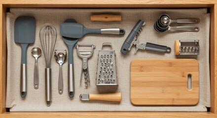 Organized kitchen drawer with neatly arranged cooking utensils including spatulas, whisks, measuring spoons, peelers, grater, and cutting board.