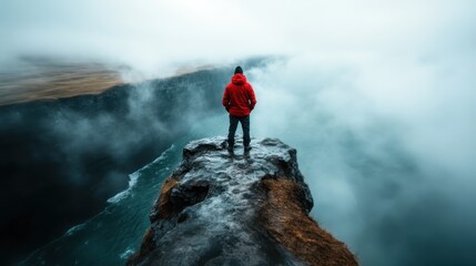 A lone figure stands on a rocky cliff edge, gazing down at the misty ocean below, representing introspection, adventure, and the search for self in a vast landscape.