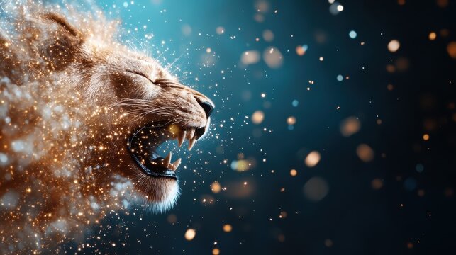 This stunning image captures a roaring lion's majestic face with a sparkling, ethereal effect, conveying strength, power, and raw emotion in a captivating visual display.