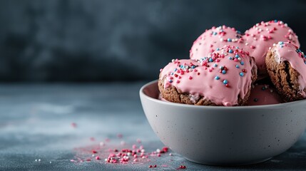 A bowl filled with heart-shaped cookies decorated with colorful icing and sprinkles, radiating joy and sweetness, perfect for celebrations and special occasions.