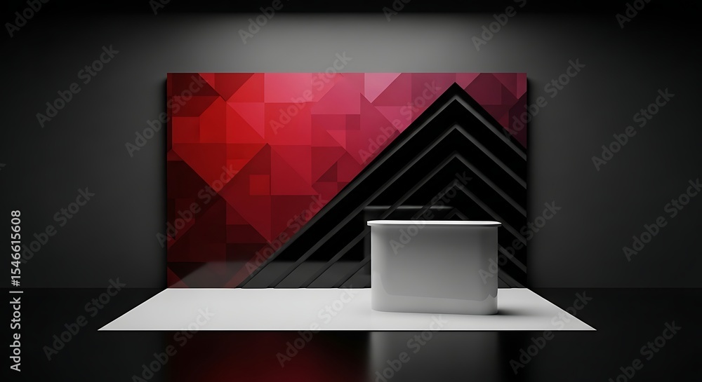 Poster modern exhibition stand with red geometric backdrop and counter in minimalist setting