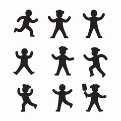 Stick figures silhouette different poses on white background