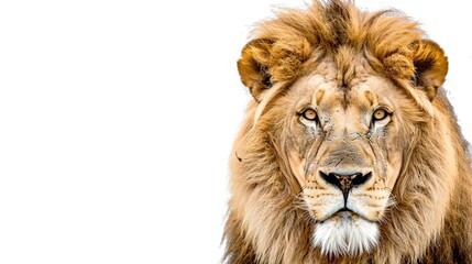 Naklejka premium Regal Majesty: Striking White Background Lion Images – Majestic Mane Portraits, Powerful Roaring Profiles, Playful Cub Moments, and Graceful Savannah Stances in High-Contrast Photography for Wildlife 