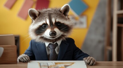 A charming raccoon dressed in a business suit sits at a desk, smiling warmly, combining cuteness and professionalism, creating a delightful and humorous image.