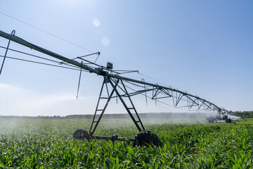 Agricultural pivot irrigation system on a corn field