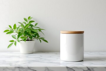 White ceramic jar with wooden lid on marble countertop