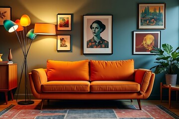 Stylish orange velvet sofa in a retro living room with colorful lamps and art