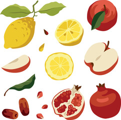 Vector hand-drawn summer fruits collection: apple, lemon, pomegranate, dates and leaves. All the elements are isolated, you could move it and change the size