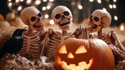 A whimsical scene featuring three laughing skeletons surrounded by festive pumpkins, embodying a playful and humorous take on Halloween traditions and skeleton humor.
