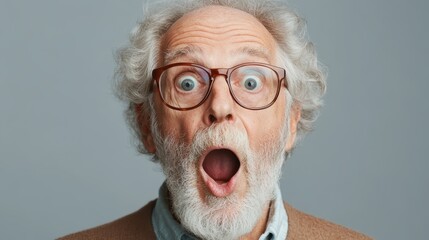 An elderly man with glasses and a beard expresses shock and astonishment, capturing raw human emotion and surprise in a light-hearted and engaging manner.