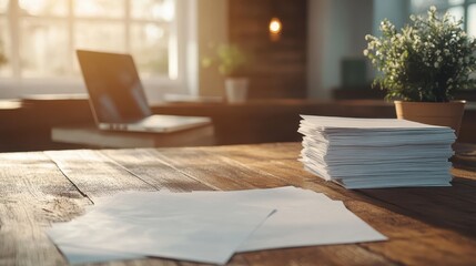 A well-lit office workspace captures a stack of documents and a laptop, signifying productivity and organization in a modern work environment filled with creativity.