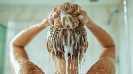 A woman is seen from behind in a shower, washing her hair with foam cascading down, symbolizing self-care and the refreshing experience of personal wellness.