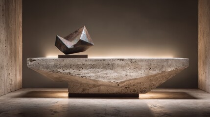 Abstract geometric sculpture on modern stone pedestal in minimalist interior design