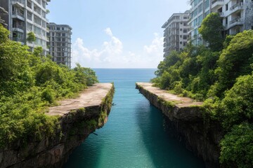 Fototapeta premium A narrow water channel separates two unfinished or abandoned buildings overgrown with greenery, leading to a calm blue sea under a clear sky.