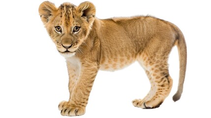 Obraz premium Regal Majesty: Striking White Background Lion Images – Majestic Mane Portraits, Powerful Roaring Profiles, Playful Cub Moments, and Graceful Savannah Stances in High-Contrast Photography for Wildlife 