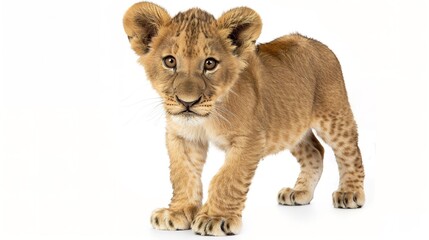 Obraz premium Regal Majesty: Striking White Background Lion Images – Majestic Mane Portraits, Powerful Roaring Profiles, Playful Cub Moments, and Graceful Savannah Stances in High-Contrast Photography for Wildlife 