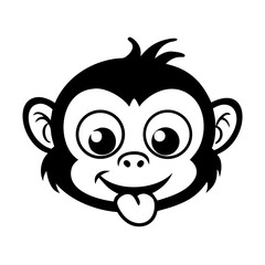 Playful Monkey Face Cartoon – Black and White Vector Illustration with Tongue Out, Expressing Humor, Mischief, Fun, and Cuteness for Kids and Design Use