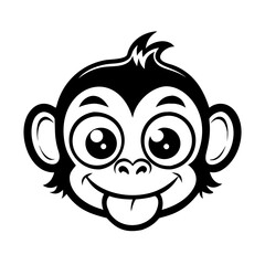 Playful Monkey Face Cartoon – Black and White Vector Illustration with Tongue Out, Expressing Humor, Mischief, Fun, and Cuteness for Kids and Design Use