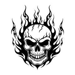 Flaming Skull Tattoo Design – Aggressive Fire Skull Head Clipart for Bikers, Rock Bands, Dark Art, Horror Themes, Ink Style Vector for Stickers & Prints