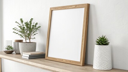 A blank white poster inside a thin wooden frame, leaning against a wall on a shelf or floor. 