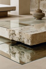 Modern minimalist interior design with natural stone and glass elements