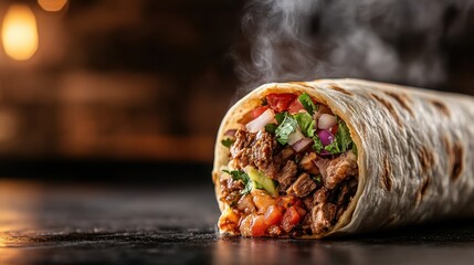 A delectable burrito filled with a medley of fresh ingredients, beautifully wrapped in a tortilla, and showcasing the smoky steam rising from it.