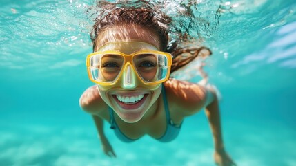 A cheerful woman underwater wearing snorkeling gear, enjoying a vibrant underwater world. Sunlight filters through crystal clear water, enhancing her joyful expression.