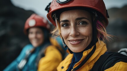 A confident woman in climbing gear smiling at the camera, embodying strength and readiness for a challenging outdoor adventure, showcasing courage and resilience in nature.