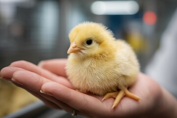 Woman gently holds a fluffy yellow chick in her palm during a farm visit in the spring sunlight