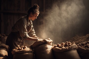 Woman fills burlap sacks with freshly dug potatoes in rustic barn setting during early morning light