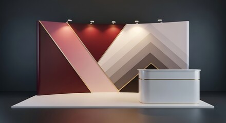 Sophisticated trade show booth with modern geometric design and sleek reception counter