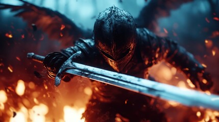 A fierce knight with wings emerges from fiery chaos, brandishing a sword, symbolizing bravery and power. The dramatic lighting highlights the intense battle atmosphere in the scene.
