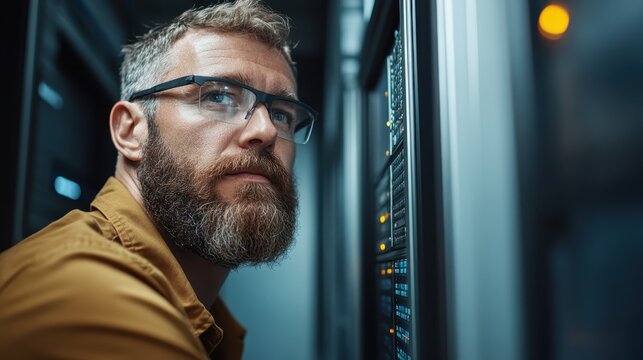 A concentrated man with glasses is engaged in technical work within a server room, highlighting his focus and expertise in managing complex server technologies and systems. - Powered by Adobe