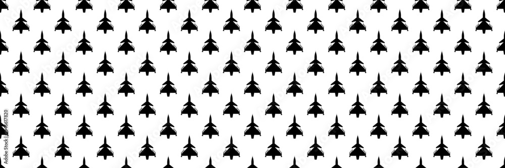 Poster horizontal seamless of black fighter jet carrying missile on white for pattern and background.