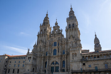 Fototapeta premium Santiago de Compostela Cathedral in Galicia, Spain, a famous pilgrimage site and UNESCO World Heritage landmark. Baroque façade and centuries-old religious significance.