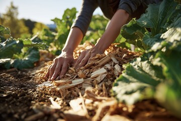 Woman laying organic mulch in vegetable garden to conserve moisture and improve soil health during sunny afternoon