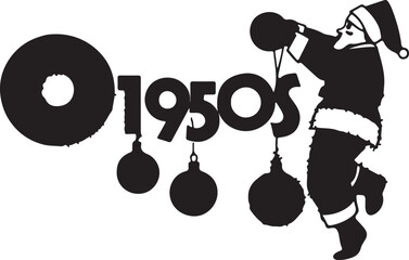 Retro christmas graphic featuring a stylized santa claus decorating the 1950s text with baubles for holiday greetings