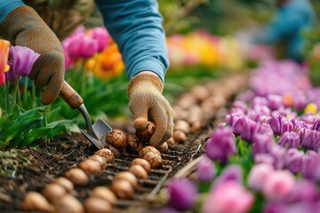 Woman planting tulip bulbs in neat rows during spring gardening session surrounded by vibrant flowers