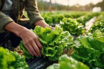 Woman prunes old leaves from organic lettuce in a vibrant farm setting during morning sunlight