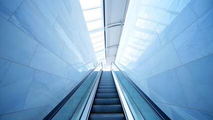 Obraz premium Empty escalator ascending in modern building with blue walls and skylights