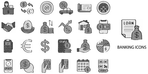 Banking simple concept 24 hand drawn grew color icons set. Vector illustration.	
